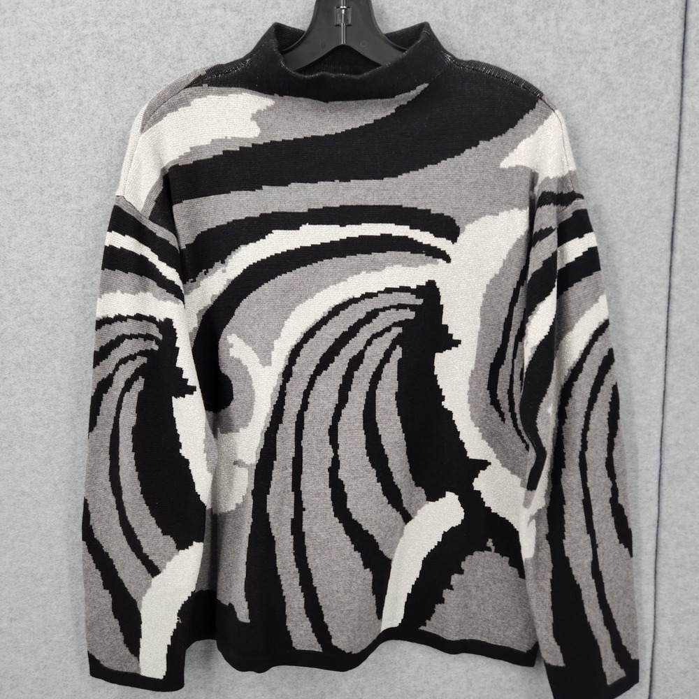 Jones New York Printed Drop Shoulder Black Multi Mock Neck Sweater Womens Size M